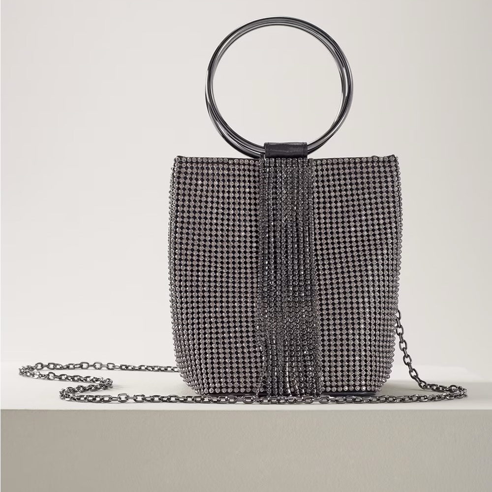 White House Black Market Crystal Gray Party Bag Purse with Ring Handles